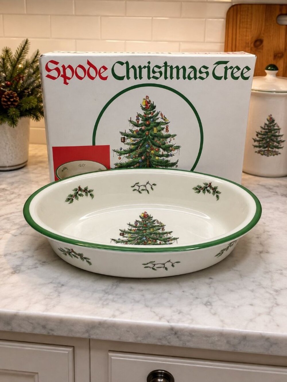 Vintage Spode Christmas Tree Porcelain China Oval Vegetable Baker Dish With Box
